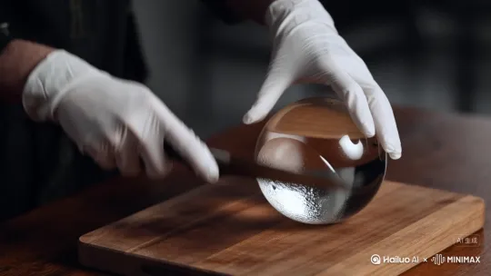 固定镜头:一双手戴着极简风格的白色手套,32K超写实特写镜头,一把刀在木质砧板上快速切割一个火星球体的画面,火星球体质感通透,完全由玻璃制成,刀刃反复切片,每切下一片,球体片便顺势倒下,同时刀刃移向下一个位置。这颗球体的内部也是玻璃材质。 by Hailuo AI Video Generator