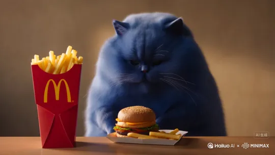一个蓝色一个蓝色的胖猫在吃麦当劳 by Hailuo AI Video Generator