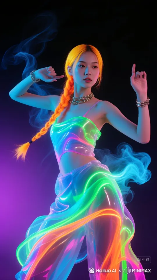 中景，手持拍摄，她开始跳舞，动人的舞姿和身边的雾气形成鲜明对比。相机巧妙地跟随她的动作，突出她舞蹈的流畅性 by Hailuo AI Video Generator