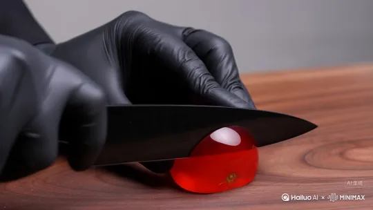 A pair of hands in minimalist black
gloves,Realistic 4K footage close-up of a knife
rapidly cutting a red glass tomato on a wooden
cutting board. It slices it multiple times, each
slice falls over as the knife moves to the next.
The inside of the fruit is also glass. The sound
is ASMR style.. by Hailuo AI Video Generator