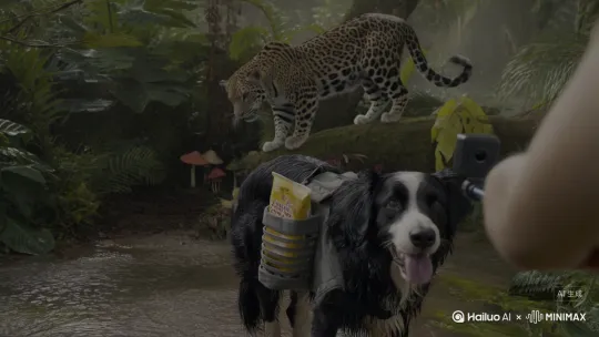 核心画面:边牧犬站在淌水的丛林小径上,前爪搭着自拍杆(镜头倾斜 45 度),浑身湿漉漉地甩毛(水珠飞溅的慢镜头),舌头耷拉着喘气;背景是茂密的热带植物(阔叶、藤蔓、色彩鲜艳的蘑菇),远处传来鸟鸣。
隐藏亮点:狗狗身后的大树树干上,一只美洲豹正趴在树杈上,尾巴垂下来晃悠,眼睛盯着狗狗背包里露出的零食袋;当狗狗转身对着镜头展示 “丛林探险装备”(背包、防水项圈)时,美洲豹悄悄从树上跳下,落在它身后 5 米的草丛里(只露半个脑袋)。 by Hailuo AI Video Generator