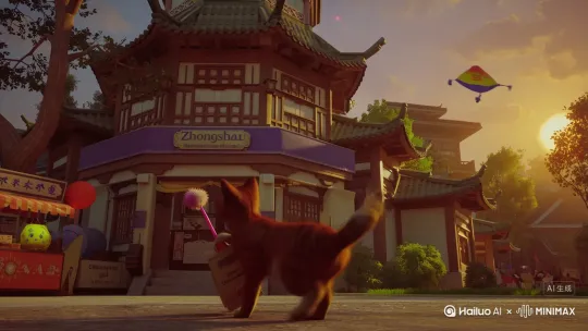 [场景] 阳光明媚的汕头小公园民国风骑楼前
[主角] 棕色虎斑狸花猫
[动作] 用前爪举着粉色自拍杆，歪头对镜头眨眼睛
[细节] 自拍杆附带毛球挂饰，猫咪尾巴卷着汕头老字号蛋挞包装袋
[镜头]

中景：猫咪踮脚调整自拍杆角度，背后的"中山纪念亭"牌匾清晰可见
特写：手机屏幕显示着猫咪的wink表情，画面边角露出潮汕牛肉丸摊位
移动镜头：仰拍视角中猫咪尾巴勾起英歌巡游队伍的气球
[光影] 夕阳余晖在骑楼立柱上形成斑斓光斑
[背景元素] 掠过天空的无人机挂着小公园亭造型的风筝 by Hailuo AI Video Generator