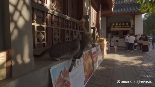 [场景] 汕头小公园中山纪念亭前石板街道，午后阳光透过南洋骑楼铸铁栏杆
[主角] 成年狸花猫，毛色灰棕相间带清晰虎斑纹路
[动作] 用前爪扶住三脚架固定手机，鼻尖触碰屏幕倒计时拍摄键
[细节]

手机画面显示猫咪胡须微颤，瞳孔随快门声收缩
尼康D7500相机斜挎包压住潮汕英歌舞宣传单张
榕树枝影在猫咪后背形成动态斑纹

[镜头]

平视中景：猫咪后腿蹬着「永平酒楼」灰塑门框保持平衡，背景中游客正在「老潮兴」饼店排队
俯拍特写：自拍支架底部压着潮式月饼包装纸，露出"荣诚"品牌字样
侧跟镜头：手机广角畸变使猫咪头部显大，背景里手打牛肉丸摊木槌扬起

[现实增强]

添加环境底噪：潮剧唱段片段、牛肉丸捶打声、电动三轮车喇叭声
材质细节：骑楼水刷石墙面磨痕、猫咪爪垫沾的沙茶酱渍

（提示：建议加入时间限定词如"15:00阳光角度"，并指定器材型号如"Sony ZV-1F相机"，平台对真实设备参数识别度较高。可强调环境湿度造成的镜头轻微起雾效果） by Hailuo AI Video Generator