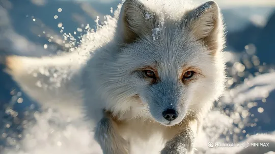镜头后拉跟随，狐狸快速奔跑，溅起雪花 by Hailuo AI Video Generator