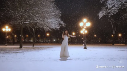 一位漂亮的女孩儿在夜晚下雪的公园里面翩翩起舞。 by Hailuo AI Video Generator