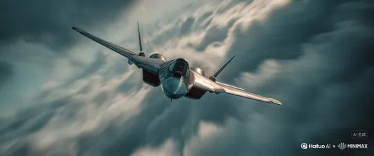 跟踪拍摄，高速运动，Su-57战斗机超音速飞行，飞机侧飞旋转穿梭，镜头向后快速环绕 by Hailuo AI Video Generator