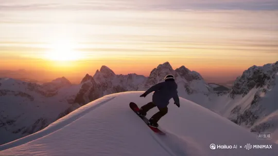 *"Red Bull-style extreme sports montage, mix of POV and drone shots, slow-motion backflip snowboarding in the Alps, sunset lighting, cinematic 8K, epic adventure music like '鹿 be free'"* by Hailuo AI Video Generator