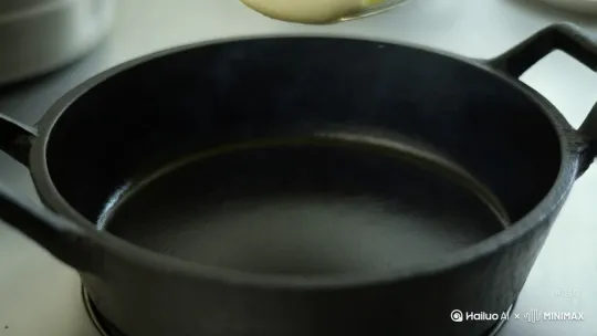 1. 铸铁锅预热至180℃
2. 加猪油15g（《随息居饮食谱》用量）
3. 蛋液入锅形成菊花状凝固（蛋白质变性过程特写）  
4. 加入韭菜炒香
``` by Hailuo AI Video Generator