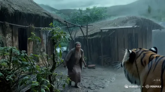 下起暴雨的村落中[右摇，下降]，画面中出现了一个身体强壮的老奶奶，老奶奶面对着一头凶恶的老虎。老奶奶脸上布满污垢，眼神坚毅并面对老虎大吼。 by Hailuo AI Video Generator