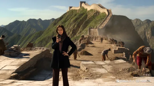 一位女记者穿越时空来到长城修建现场直播，并说着：家人们看过来！现在我就在长城的修缮现场，大家能看到我身后这些忙碌的身影吗？他们就是让千年长城‘青春永驻’的守护者 by Hailuo AI Video Generator