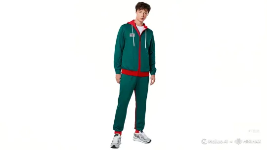 High quality, 4k clarity, showcasing the texture of clothing, and adding a sense of sophistication to the video
Spider-man-related costumes are prohibited.   The logo on the upper garment should be generated according to the reference picture.   Red stripes are prohibited on the outside of the trousers.
There is only one logo on the left side of the upper garment.   No additional logos are allowed
A man is walking on a street in a future New York City, USA. Highlight the texture of the clothing.
The movements are smooth, natural and relaxing
The camera slowly shifts the middle shot from the front of the character to the middle shot from the side (upper body)
Photograph of a young Caucasian man with short, curly brown hair, posing dynamically on one leg against a plain white background. He wears a dark green tracksuit with red hood and white inner lining,, and white sneakers. by Hailuo AI Video Generator