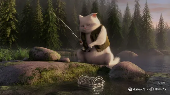 纯白长毛猫身着卡其色渔夫背心，蹲坐在青苔石上专注握竿。鱼线在晨光中绷紧，鳟鱼跃出水面溅起水花，猫耳警觉竖起。背景是薄雾笼罩的针叶林，金属鱼篓浸在浅水中反射晨光。 by Hailuo AI Video Generator