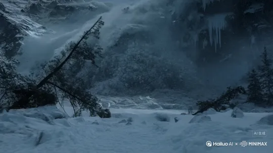 第一视角直面雪崩，遮天蔽日的雪浪如白色巨墙碾压而来，翻滚的雪雾混杂冰岩碎片扑面撞击镜头，冷冽的雪粒抽打面部，视野剧烈震动模糊。 ​​前景细节​​ • 脚下积雪崩裂塌陷，雪块裹挟碎石从脚边疯狂滚落 • 被连根拔起的松树残枝擦过镜头，瞬间卷入雪浪 • 强风卷起雪尘形成窒息白雾，能见度骤降至1米内  ​​背景环境​​ • 灰蓝天空被雪幕撕裂，仅剩昏暗天光透入 • 远山岩壁在雪雾中若隐若现，巨大冰棱从山体剥离坠落 • 崩塌声浪如闷雷轰鸣，夹杂冰雪撕裂地表的刺耳碎响  ​​动态特效​​ • 雪流时速超200公里/小时的冲击力（镜头剧烈抖动+动态模糊） • 冰晶飞溅粘附镜面，雪粒在气流中形成螺旋轨迹 • 光线急速变暗，雪墙阴影吞噬整个视野  ​​氛围​​ 致命压迫感｜末日降临｜窒息逃亡｜自然力量碾压式摧毁 ​​技术参数​​ 写实灾难电影质感｜16:9全景｜色调整体冷灰白（点缀冰蓝反光）｜景深：近景雪粒锐利/背景雪雾虚化 by Hailuo AI Video Generator