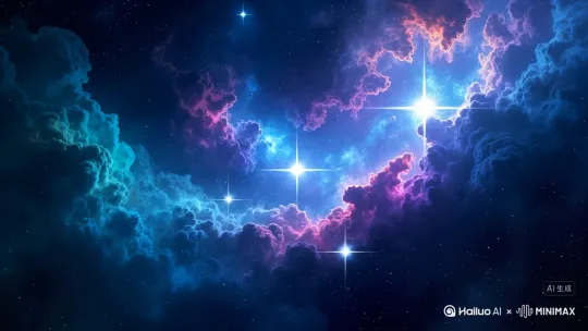 帮我生成一个视频：镜头在星空间缓慢旋转，星辰如钻石般发出脉冲式的光芒，一颗流星快速划过。比例 16:9。 by Hailuo AI Video Generator