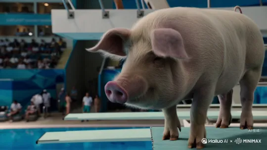A pig is at the Olympic diving board. It walks purposefully to the edge, showing intense focus. Then, it leaps into the air. In mid-air, it performs elegant somersaults and twists, resembling a synchronized swimmer. Capture the stunning combination of its agility and grace. by Hailuo AI Video Generator