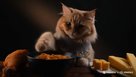 一只金渐层猫穿着漂亮的口水巾，镜头维持固定正面拍摄小猫，小猫前面有张木制桌子上面有炸鸡腿，芝士棒，火鸡面，小猫拿爪子拿出火鸡面美美吃了一口，面带微笑，背景纯黑有氛围暖光，小猫吃东西展示给镜头 by Hailuo AI Video Generator