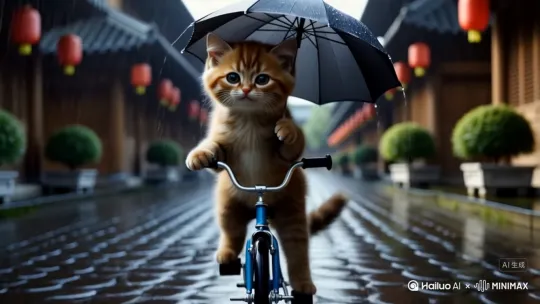 一只咖啡小奶猫，打着雨伞骑着自行车走在下雨的古镇街到上 by Hailuo AI Video Generator
