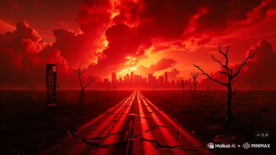 apocalyptic red heatwave, extreme weather horror, 红色高温预警警报, 扭曲的热浪空气, 燃烧的城市剪影, 龟裂的大地, 暗红色天空, 熔岩状云层, 末日温度计爆表, 闪烁的危机警报灯, 焦黑枯树轮廓, 融化扭曲的公路, 幽灵般的热浪鬼影, 4K超现实细节, 高对比度红黑色调, 赛博朋克式灾难美学 by Hailuo AI Video Generator