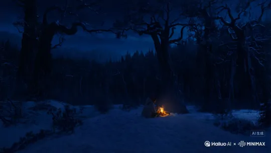 远景缓缓推近：深青色夜幕像浸了墨的绒布，沉沉压在深山老林的脊背上，参天古木的枝桠在风里张牙舞爪，将影子泼洒在覆雪的地面。画面中心，一星橘红火光在密林中跳动 ——镜头逐渐聚焦，露出火堆旁缩着的人影。​
环绕火堆慢摇：主角裹着磨白的旧外套，肩膀微微耸起，侧脸被跳动的火苗切割出明暗棱角，睫毛上沾着细碎的光。松木柴块在火里蜷成焦黑的卷，橘红焰舌时不时舔舐着木节，迸出的火星飘到半空就灭了，留下转瞬即逝的亮痕。​
特写手部上移：他忽然抬起冻得发红的手，五指在火上方半寸处虚拢，掌心的纹路被热气熏得舒展，指缝漏出的火光在腕间晃成流动的金。镜头拉远至中景：火堆周围的积雪化成湿漉漉的圈，白汽从融雪处袅袅升起，缠着他垂落的发梢往上飘，最终混进林间翻涌的冷雾里。远处偶尔传来兽鸣，被火声嚼得支离破碎，只剩主角喉头滚动了一下，往火堆里又添了块干柴。 by Hailuo AI Video Generator