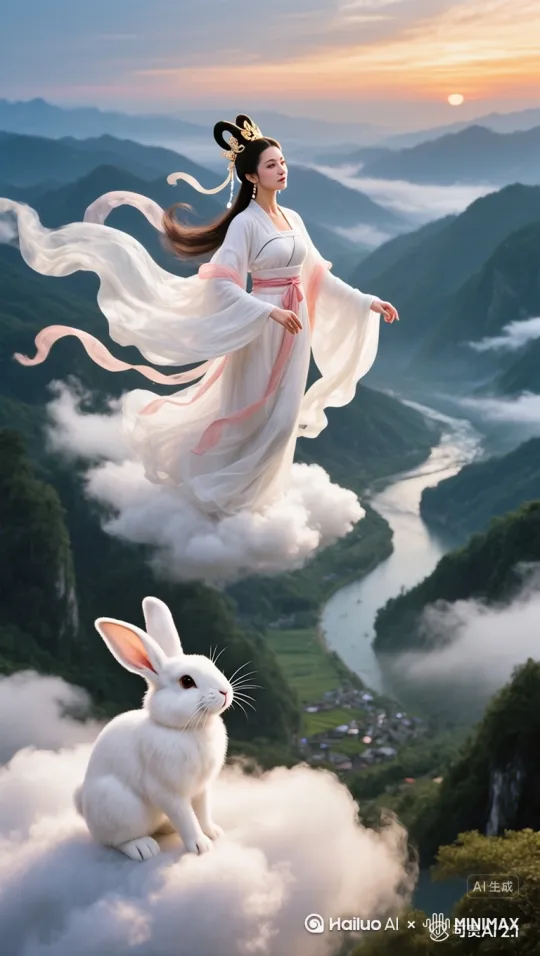 嫦娥和玉兔一起飞翔着预览人间美丽可爱的山河 by Hailuo AI Video Generator