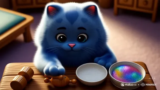 一只蓝色的猫在做助眠视频，比如敲木匀、洗头、玩起泡胶。要有声音 by Hailuo AI Video Generator
