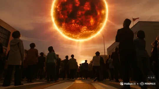 极广角镜头,清晨城市街头,人群停下脚步仰望,天空中巨大太阳占据半边天,黑红火焰翻腾,炽白阳光洒下,街道光影变形,
运镜方式: 缓慢上移镜头结合后退,呈现压迫感强烈的仰视透视感,镜头穿过人群直指太阳
写实灾难风格,真实天空光晕模拟,电影级构图 by Hailuo AI Video Generator