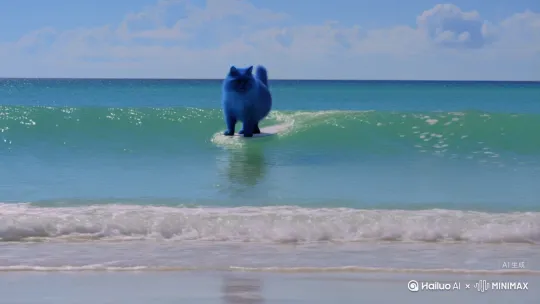 生成一个生成一个蓝色的胖猫，正在海边冲浪 by Hailuo AI Video Generator