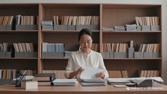 镜头拉开, 咨询室内，灯光柔和，正面一位中年的中国女人，她是一位咨询师，她正摆整理着书桌上的文件，书架上专业书籍陈列 by Hailuo AI Video Generator