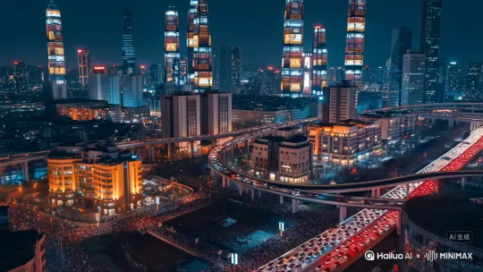 [右摇,变焦推进]在灯红酒绿的高楼大厦，有很多立交桥， 还有很多车和很多的人，有30多高楼大厦都高达800多米 by Hailuo AI Video Generator