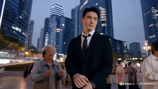 主体:
"一位30岁亚洲男性,身穿高定黑色西装(细节:戗驳领、丝绸领带、袖扣),发型精致,精英气质,表情严肃自信"
场景:
"现代化CBD广场,玻璃幕墙摩天大楼背景,傍晚暖色调灯光,地面反光大理石质感"
动作/分镜:
开场:
"镜头仰拍:西装男手持公文包快步行走,皮鞋踩地有声,商务精英气场"
运镜提示:"低角度跟拍,背景虚化突出人物"
反差转折:
"突然停下脚步,松领带挑眉一笑,将公文包抛给路人"
音效提示:"西装摩擦声 + 广场舞神曲前奏(如《最炫民族风》)突然切入"
高潮舞蹈:
"全景镜头:西装男跳经典广场舞动作(凤凰展翅、十字步),动作夸张但流畅"
细节强化:"领带飞扬、西装下摆甩动,皮鞋精准踩点,与周围大妈动作同步"
光影提示:"霓虹灯光斑在西装面料上流动,慢镜头捕捉汗珠飞溅"
结尾互动:
"特写:跳完后整理西装领口,对镜头wink,背景大妈们竖大拇指" by Hailuo AI Video Generator