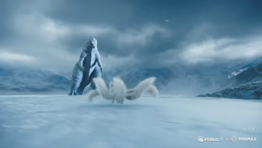 九尾狐，在雪山，冰天雪地，与冰霜哥斯拉大战，九尾狐尾巴放出绚丽技能，哥斯拉吐出寒冰射线，场面宏大，史诗级战斗场面，运镜明显，镜头在两者之间穿梭，技能冲击到一起，爆发了大片雪花 by Hailuo AI Video Generator