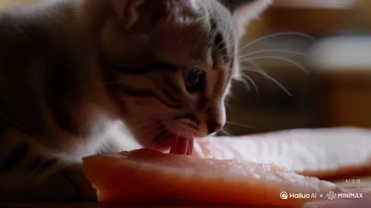 Close-up kitten licking salmon with tiny tongue, fish oil glistening on whiskers, shallow depth of field, warm kitchen background, ultra-realistic 8K by Hailuo AI Video Generator