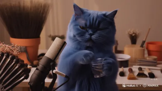 一一只蓝色的猫站在麦克风前，手里拿着空杯子，手上做着延长甲，正在助眠，嘴里还吧嗒吧嗒的发出声音，在麦克风的前面有一个桌子，桌子上面放满了助眠的道具。蓝色的猫正在为他的粉丝宝宝助眠 by Hailuo AI Video Generator
