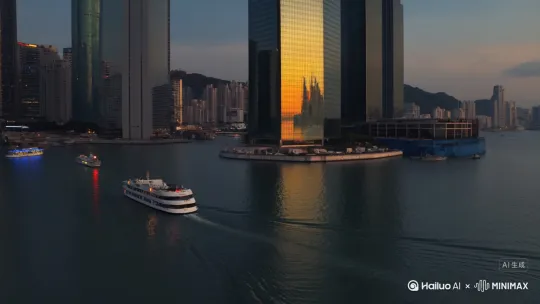 【镜头1】动态运镜：航拍俯冲dashing through维多利亚港，金色晨光穿透中银大厦玻璃幕墙，天星小轮划出波纹倒映摩天楼群，广角4K 25fps 香港胶片色调  
【镜头2】慢镜头特写：深水埗霓虹招牌"钜记饼家"红光闪烁，蒸笼掀开雾气弥漫，烧腊油光淋漓，人群动态虚化，赛博朋克霓虹蓝调 4K 25fps  
【镜头3】超现实低角度仰拍：圣若瑟堂哥特式蓝白尖顶穿透中环摩天楼，彩窗光斑投射石阶，无人机环绕上升，建筑对比色调 4K电影感  
【镜头4】俯冲转场speed ramp to 200%：太平山缆车轨道下降→西贡半月湾翡翠海浪，黑色火山岩沙滩浪花飞溅，无人机环绕珊瑚礁 高饱和自然色 25fps  
【镜头5】几何极简广角：坪石邨天井仰拍，民航飞机划过矩形天空，居民太极拳剪影，冷色调晨雾 动态构图4K  
【镜头6】震撼夜景：太平山顶300架无人机紫荆花图案，维港激光束+霓虹倒映海面，长曝光光轨流动 16:9电影噪点 25fps by Hailuo AI Video Generator