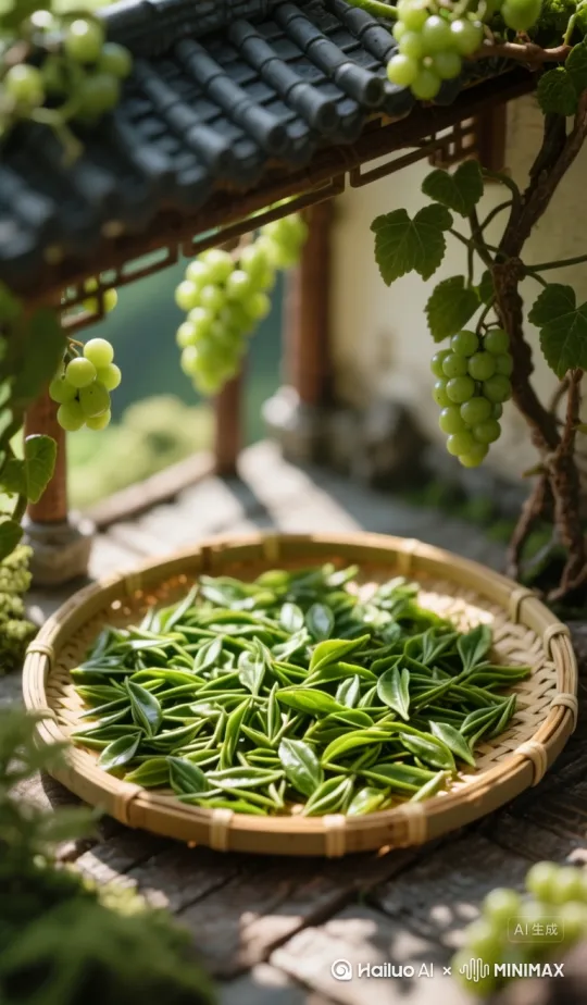 帮我生成图片：场景提示词：廊檐下垂挂的竹匾上均匀铺展翠绿茶叶，光影透过葡萄藤在茶叶表面形成斑驳投影。
视频提示词：橘猫蜷在竹匾边缘打盹，小人用竹耙轻轻翻动茶叶，阳光在叶片上折射出粼粼波光。图片风格为微缩景观，比例 9:16。 by Hailuo AI Video Generator
