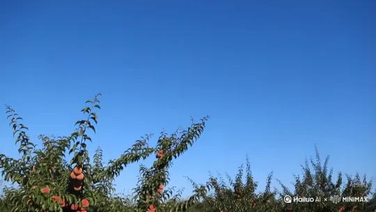 帮我生成一个视频，视频内容：镜头从晴朗湛蓝的天空慢慢拉下来，落到桃林拍摄点。后面是多列长了多年的桃树。夏季桃树上长满了绿叶，绿叶枝头挂满了红透透的，个大的，新鲜桃子。拍摄点后面成排的果树枝头挂满了成熟，诱人的红彤彤的桃子，视频长度5秒左右。拍摄点空旷且没有人。视频为横屏的4:3的比例。画质清晰，写实风格。镜头满慢 by Hailuo AI Video Generator