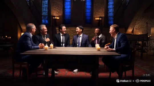 第一个镜头4秒，呈现的是5个男人相聚在一个古堡风格的会客厅，他们坐在一张陈旧的木桌子周围，桌上点着蜡烛，光线昏暗，他们坐在桌子周围有说有笑的谈论，这五个男人有三个是中年男人，穿着各式西装，两个是20岁左右的年轻人，穿着时尚嘻哈风格，第二个镜头2秒，切换到另一个画面，呈现出刚才5个男人中其中一个人，他是戴着VR在一个现代化的书房办公椅上坐着，对着空气有说有笑，该书房明亮，白色简约的的装修 by Hailuo AI Video Generator