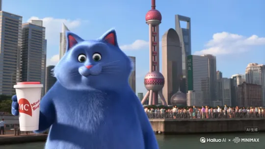 一只蓝色的胖猫拿着蜜雪冰城，正在上海，看着东方明珠，随后拿起oppoA5手机向着东方明珠拍照，但是别人看到之后，很多人都把它扔到黄浦江里。画质较为鲜艳，采用cg涂装。 by Hailuo AI Video Generator