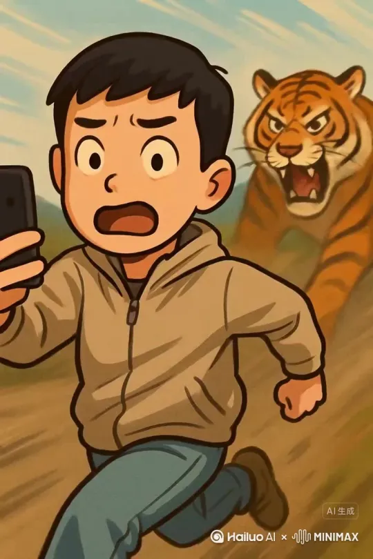 孩子背后一只大老虎正在追，孩子边跑边喊救命 by Hailuo AI Video Generator
