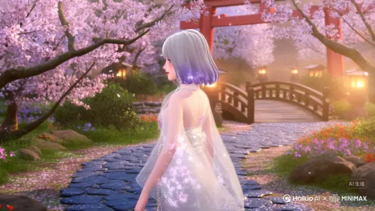 [场景]  
梦幻樱花庭院，粉白花瓣随风飘落，青石小路延伸至日式木桥，远处有朱红色鸟居和发光灯笼，黄昏柔光（黄金时刻）营造温暖滤镜  

[角色]  
亚洲风女主：18-20岁，瓷白肌肤+玫瑰粉腮红  
• 面部：水晶紫瞳+长睫毛，樱花色嘴唇微张  
• 发型：及腰银紫色渐变长发，发梢带星光粒子  
• 身材：修长比例（头身比1：8），纤细腰线+适度丰满曲线  
• 服装：半透明水袖和服，外层薄纱缀花瓣刺绣，腰束珍珠缎带  

[动态设计]  
0-2s：侧背对镜头站立，突然回眸浅笑（发丝扬起30°）  
3-4s：右手轻撩耳边碎发，左手提和服下摆微露足尖（木屐系铃铛）  
5-6s：镜头360°环绕特写，瞳孔中倒映飘落花瓣（发饰风铃叮咚响）  

[特效]  
• 花瓣流：每秒15-20片花瓣轨迹追踪  
• 光效：头发高光区泛彩虹色衍射光斑  
• 氛围：薄雾粒子在裙摆周围浮动  

[运镜]  
开始：中景（腰部以上）→ 结束：眼部大特写（浅景深虚化背景）  
镜头速度：S型缓动曲线变速  

[音效提示]  
*（可后期添加）* 风铃声 + 花瓣落地音 + 呼吸声 by Hailuo AI Video Generator