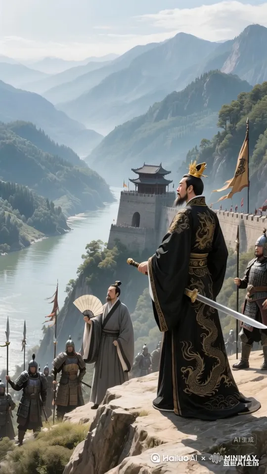 曹操缓缓向前一步遥望远山， 环绕运镜将人物拉近一点 by Hailuo AI Video Generator