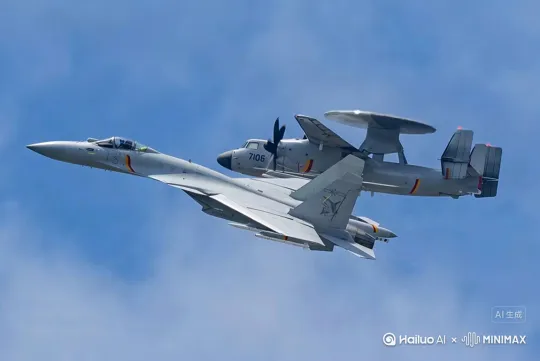 两架飞机同时飞行，前面的飞机在超越 by Hailuo AI Video Generator