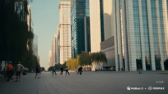 枫火体育轮滑队员在cdb高楼和大街上滑行轮滑，转场到大草原，过渡自然[右移,跟随] by Hailuo AI Video Generator