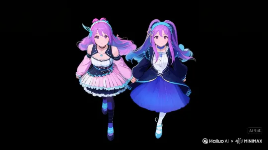 角色与互动：以上传图中两位紫发美少女为主角，保留她们粉紫与紫蓝渐变长发、独特发饰及服饰风格，呈现她们手牵手，步伐轻盈、笑容灿烂，在花海中欢快奔跑的动态
场景与元素：构建大片繁茂花海，囊括粉玫瑰、黄雏菊、蓝鸢尾、白铃兰等形色各异花朵，铺满地面延伸至远方；微风轻柔拂过，带动花朵轻轻摆动，花瓣微微颤动，花粉似有若无飘散；背景是暖色调夕阳，橙红、金黄交织的阳光，透过云层洒下，给发丝、花瓣、裙摆镀上梦幻金边
氛围与镜头：营造治愈、浪漫氛围，夕阳余晖让整个场景柔和朦胧；镜头动态跟随角色奔跑轨迹，捕捉裙摆飘动弧度、发丝飞扬姿态，突出人物与花海互动，放大清风吹动花朵、阳光穿透花瓣的细腻细节，强化动态与光影美感 by Hailuo AI Video Generator