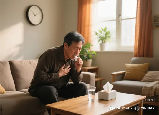 一位中年患者（由演员扮演）坐在居家客厅的沙发上，频繁咳嗽并用手捂住胸口，面部表情略显痛苦。木质茶几上放着一杯水和纸巾盒，咳嗽间隙伴随清嗓子动作。背景为生活化客厅，可见墙上的圆形挂钟、窗边的绿植以及暖色窗帘。自然光从窗户斜射进来，营造温馨居家的氛围，风格是写实摄影，比例是4:3 by Hailuo AI Video Generator