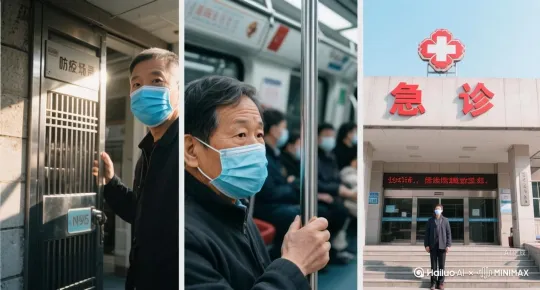 多宫格构图呈现防疫场景:第一格为戴口罩的患者走出小区门禁,阳光斜照在蓝口罩与金属门牌上;第二格为地铁车厢内,患者握扶手时突出N95口罩鼻梁压条特写,背景虚化其他乘客;第三格为仰拍医院大门全景,红十字标志与"急诊"灯箱居中,患者站在台阶下调整口罩。风格是纪实摄影,比例是16:9 by Hailuo AI Video Generator