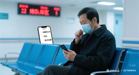 中景拍摄医院候诊区，戴口罩的患者坐在蓝色座椅上低头翻看手机，屏幕特写显示备忘录"咳嗽第3天，无痰，夜间加重"文字。背景虚化的电子叫号屏亮着红色排队序号，患者另一只手握成拳抵在唇边咳嗽。采用纪实摄影风格，冷白光突显医院环境，比例是16:9 by Hailuo AI Video Generator