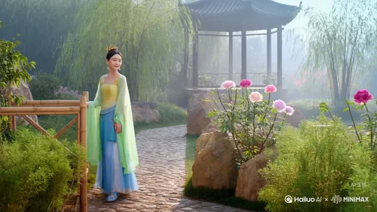 真实摄影,晨雾初散,斜倚青竹雕栏,鹅卵石铺就曲径在晨露折射成碎光,垂柳,一个东方美女正面全景图,面带微笑缓缓的走向前方,身穿银丝滚边的唐风齐胸襦裙,鹅黄上襦,天青裙裾垂落满地星霜,披帛上银线刺绣的卷草纹在流转的光影中若隐若现。发间鎏金步摇轻颤,衔珠凤凰口中垂落的东珠,正与耳畔的明月珰交相辉映,脚穿精美绣花鞋。
三色牡丹自太湖石缝隙攀缘而生,姚黄魏紫间错落着几株绿玉,远处六角攒尖亭的飞檐挑破柳烟,石青瓦当滴下的春水在池面晕开涟漪,倒映出她罗袜边缘若隐若现的缠枝莲纹。浅绿披帛被风送入牡丹丛中,碧玉禁步的宫绦正巧拂过太湖石孔窍,泠泠声响惊醒了蛰伏在花心的凤蝶,振翅时抖落的金粉,便与穿过柳隙的辰光一道,在她眉间绘就半阙《清平调》。面对如此美景,女孩翩翩起舞。超细节写实风格,32K电影画质。 by Hailuo AI Video Generator