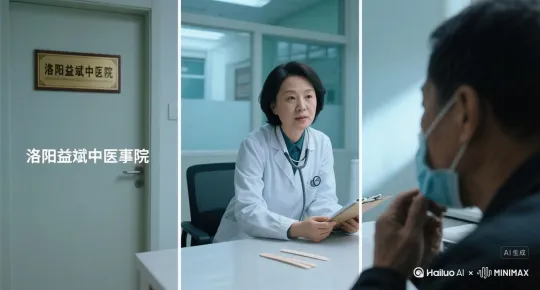 多宫格医疗纪实画面：第一格中景拍摄医生用听诊器检查患者背部，特写金属听诊头与皮肤接触；第二格侧拍医生专注操作电脑，屏幕虚化仅见"血常规""胸片"选项；第三格患者接过检查单，单据特写保留清晰医学术语。采用写实摄影风格，冷色调突显专业感，比例是16:9 by Hailuo AI Video Generator