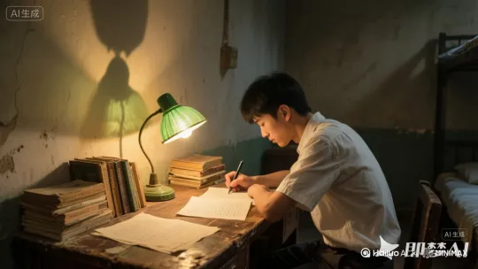 一间简陋的宿舍或小房间。室内一角：一张磨损的旧书桌紧靠墙壁，桌上堆放着几摞旧书和写满字的稿纸。一个穿着朴素（白色半袖）的青年男子正伏案奋笔疾书。唯一光源是桌上的一盏老式玻璃罩台灯，昏黄的灯光笼罩着他专注而充满希望的脸庞，在墙壁上投下他伏案的剪影。房间背景略显昏暗，衬托出灯下写作的身影。
 AI生成要点： 核心元素： 简陋房间、旧书桌、旧书稿纸、青年作家（朴素旧时学生）、奋笔疾书姿态、老式绿色玻璃罩台灯、昏黄灯光、专注充满希望的脸庞、墙上剪影。 
氛围： 清贫、奋斗、希望、专注、怀旧（80年代早期）。
 焦点： 台灯光线下青年作家伏案疾书的侧脸或半身像，旧书作为关键环境元素。 by Hailuo AI Video Generator